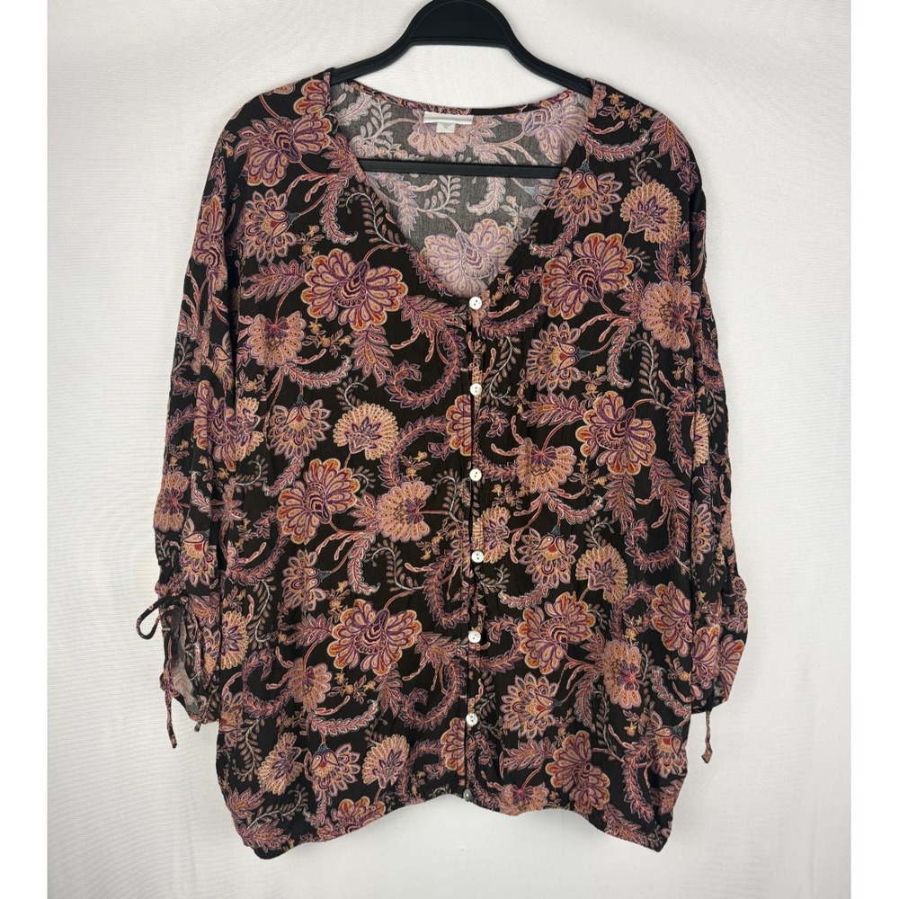 J. Jill Peasant Top Sz 2X Brown Earthy Paisley Button Down Eco Hippie Boho